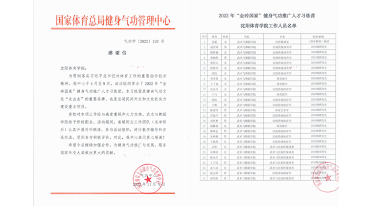 国家体育总局健身气功管理中心向我校发来感谢信